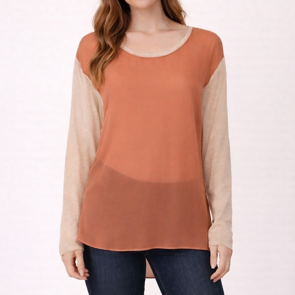 3/$30 VTG UMGEE Blush Sheer Chiffon Long Sleeve High-Low Tunic Blouse FLAWED